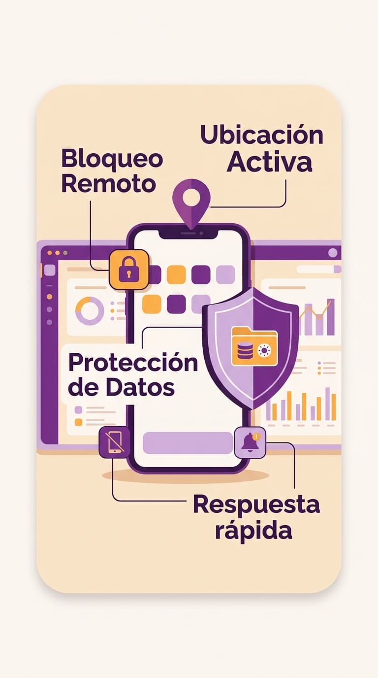 Ilustración de seguridad móvil empresarial y respuesta ante pérdida o robo de un teléfono corporativo