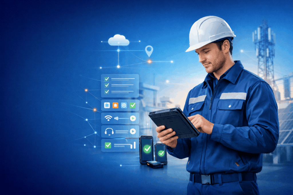 técnico de campo usando dispositivo rugged con soporte remoto
