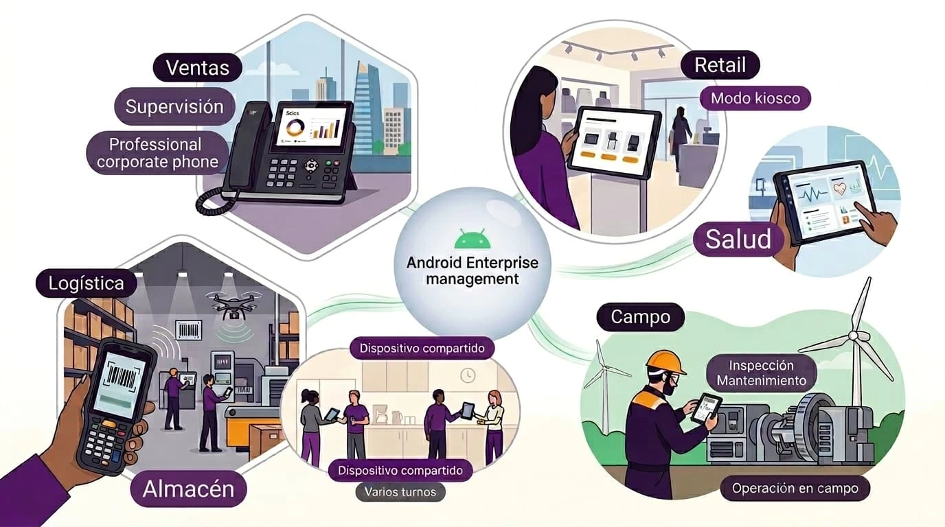 Mapa visual de casos de uso de Android Enterprise con celulares corporativos, tablets, rugged devices, modo kiosco, retail, logística, salud y field operations