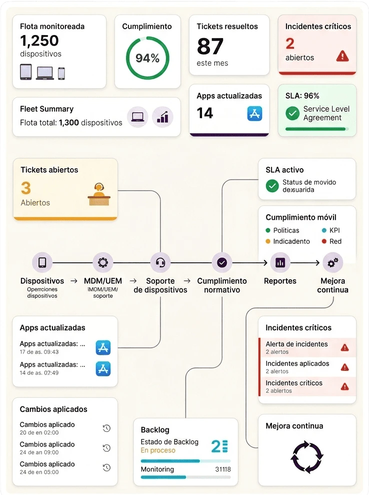 Dashboard de servicios gestionados de movilidad con KPIs, tickets, SLA, cumplimiento y monitoreo de dispositivos