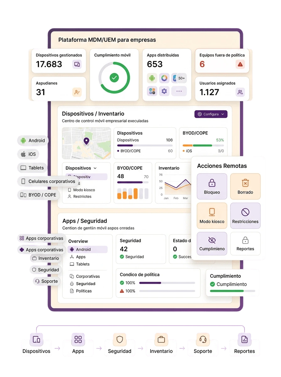 Dashboard de plataforma MDM/UEM con dispositivos gestionados, cumplimiento, apps distribuidas, inventario móvil y acciones remotas