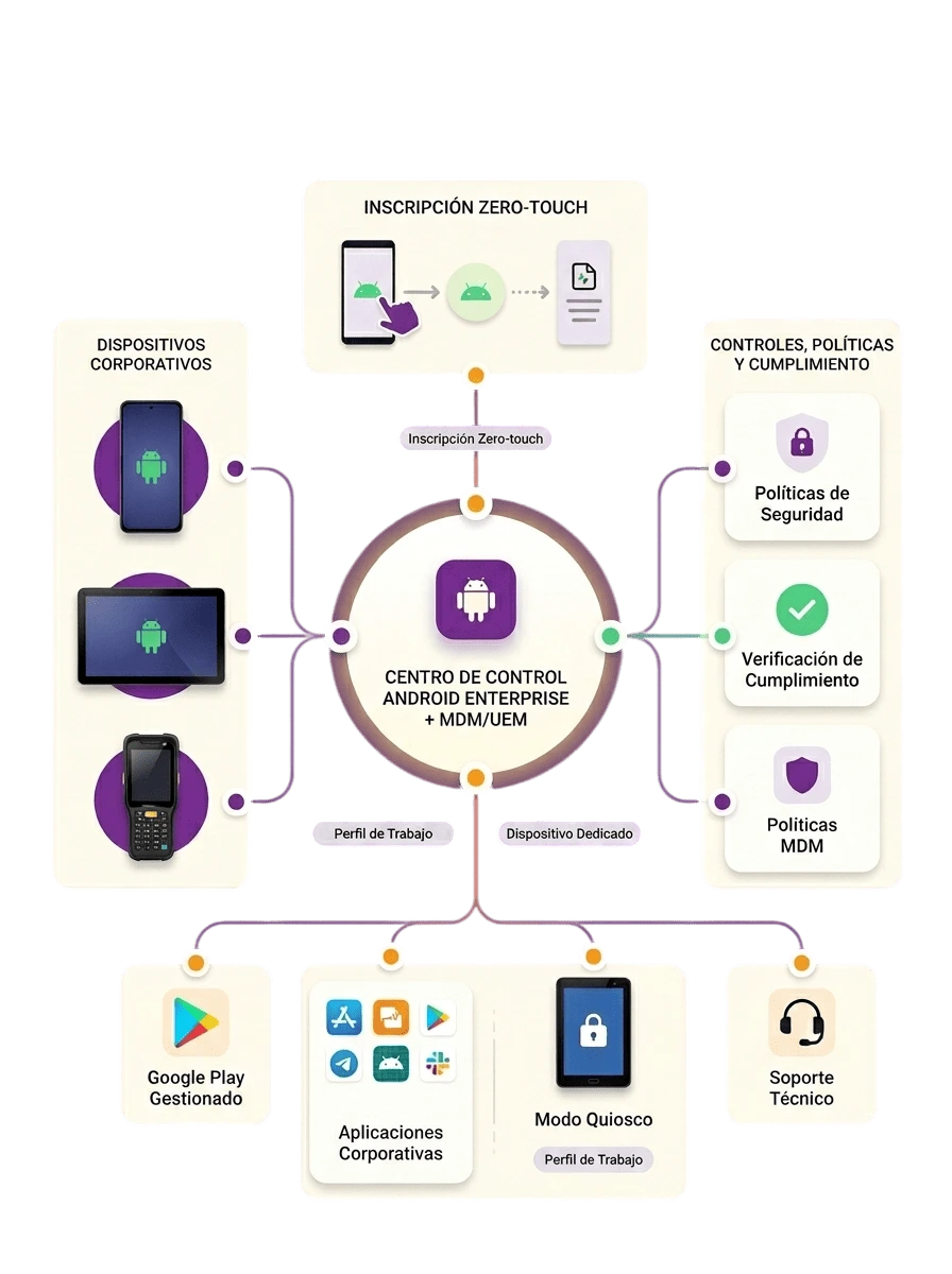 Mapa visual de Android Enterprise con MDM/UEM, Zero-touch, Managed Google Play, modo kiosco, perfil de trabajo, dispositivos dedicados y políticas de seguridad