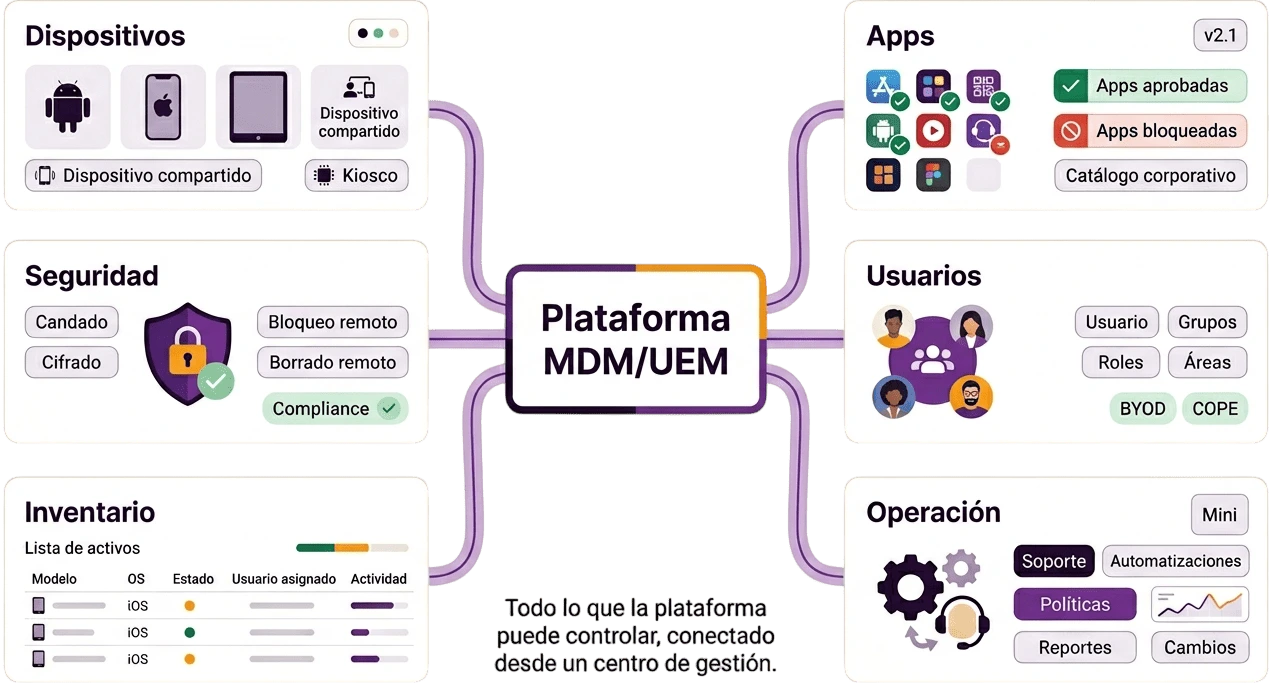 Visual de plataforma MDM/UEM mostrando control de dispositivos, apps, seguridad, usuarios, inventario y operación