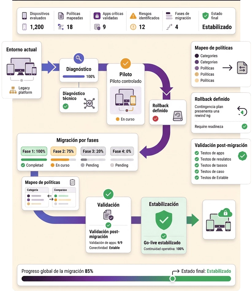 Dashboard de migración MDM/EMM con roadmap, diagnóstico, piloto, migración por fases, validación y estabilización