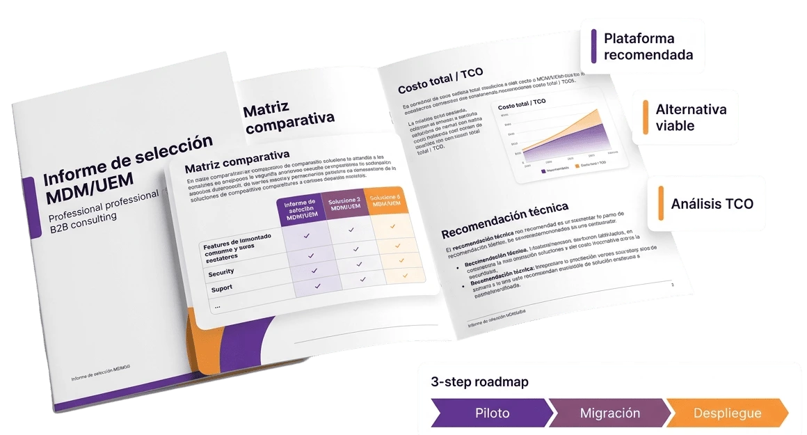 Informe de selección MDM/UEM con matriz comparativa, análisis TCO, recomendación técnica y roadmap de implementación