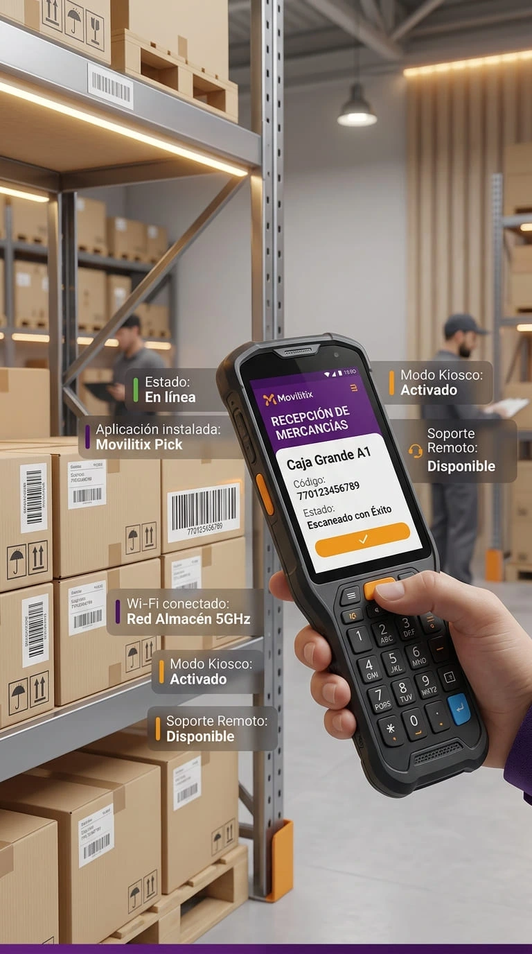 Dispositivo de escaneo Android para almacén con inventario sincronizado, modo kiosco activo y soporte remoto