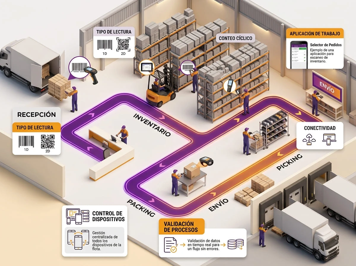 Mapa operativo de almacén con zonas de recepción, inventario, conteo cíclico, picking, packing y despacho