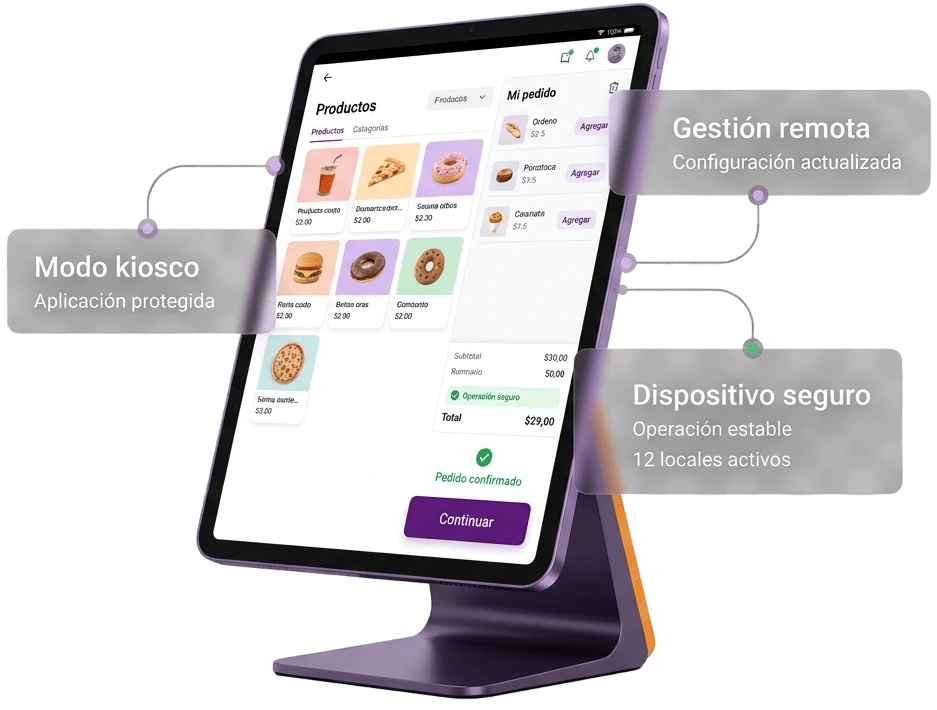 Tablet POS empresarial configurada en modo kiosco y administrada remotamente