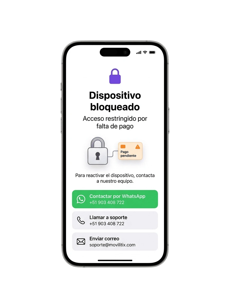 iPhone bloqueado por falta de pago con opciones de contacto
