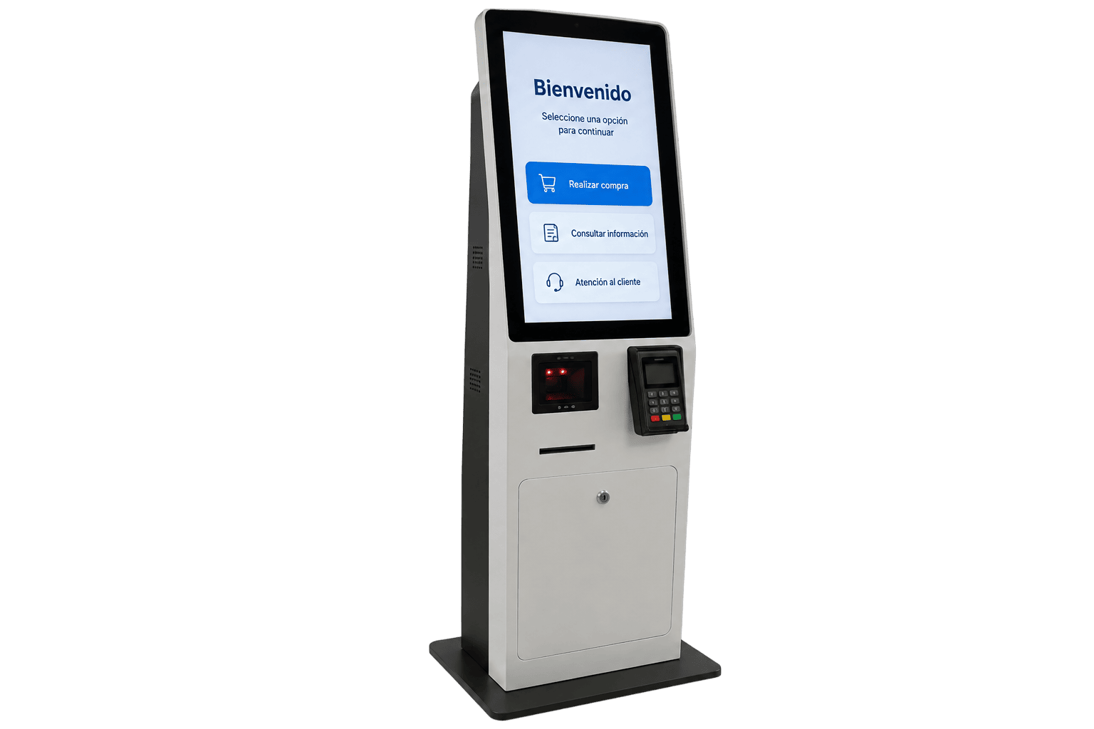 Kiosco empresarial de autoservicio con pantalla, lector y terminal de pago